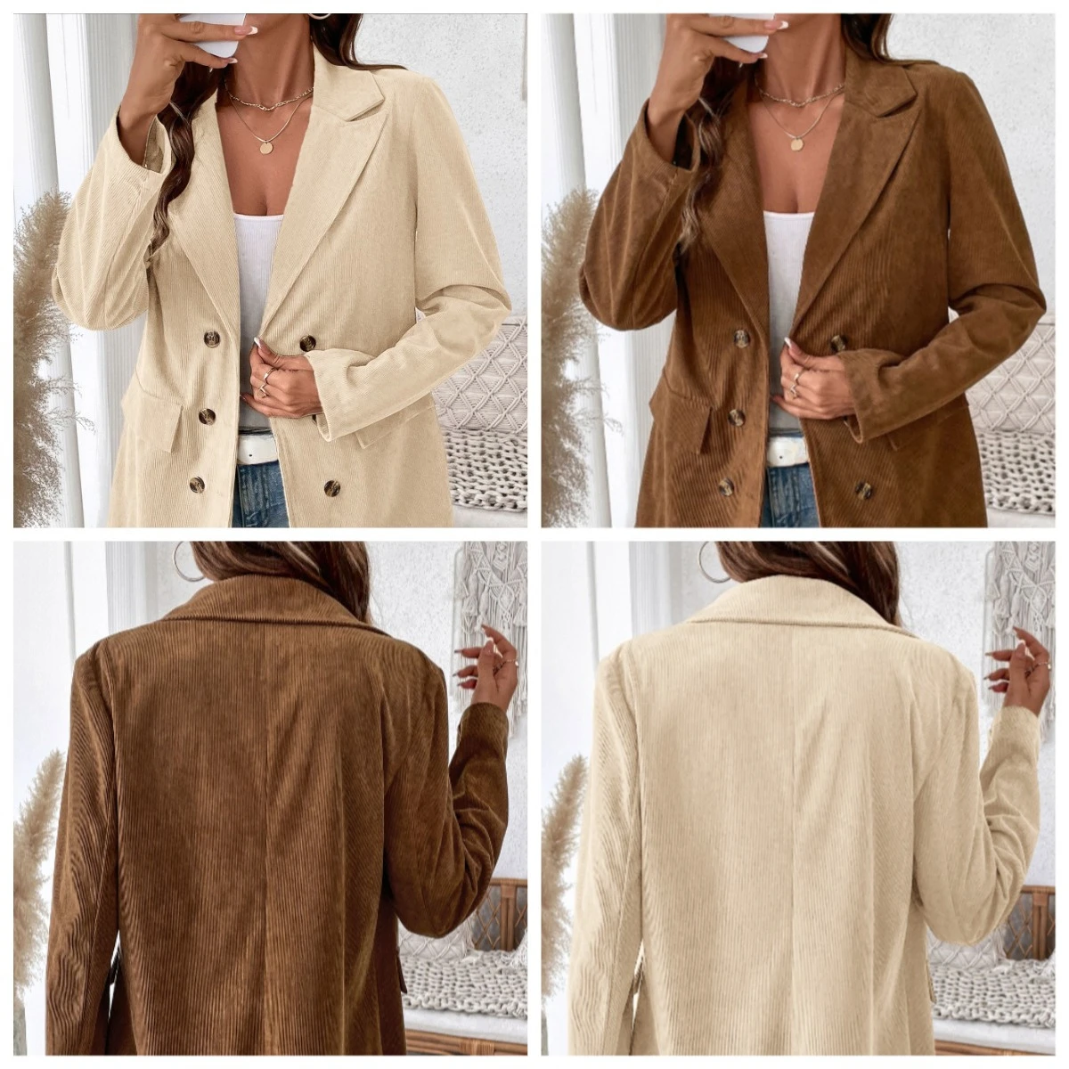 Korean Vintage Corduroy Double-breasted Suit Jacket, Women's Autumn/Winter Solid Color Casual Loose Patchwork Suit Blazer Mujer