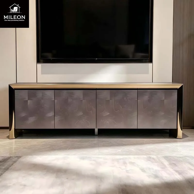 Luxury Modern Sideboard with Grey Patterned Doors & Gold Metal Frame Living Room TV Stand Storage Cabinet