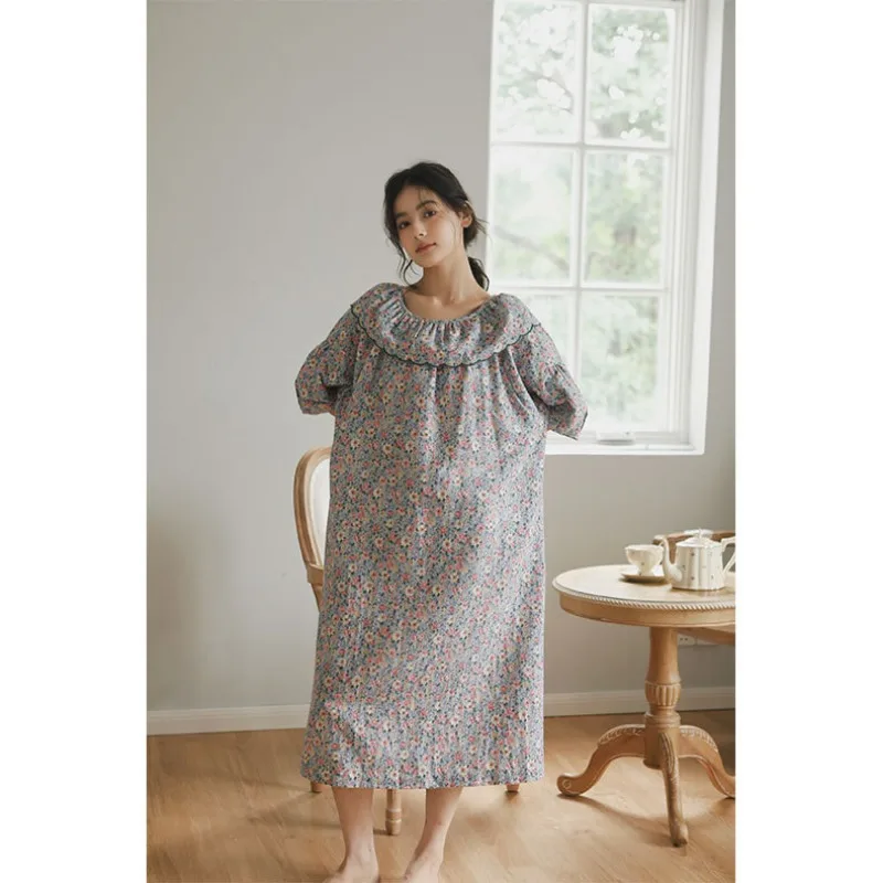 Autumn Cotton Double Gauze Cute Mid-Length Long Sleeve Nightgowns Round Neck Three Quarter Printed Pajama Dress Sexy Sleepwear