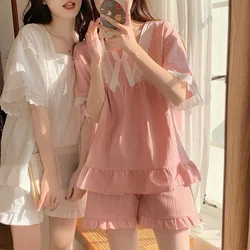 Palace Style Pajamas Ladies Summer Loungewear Set Short-Sleeved with Cushion Korean Small Sweet Girlfriends Loungewear Set