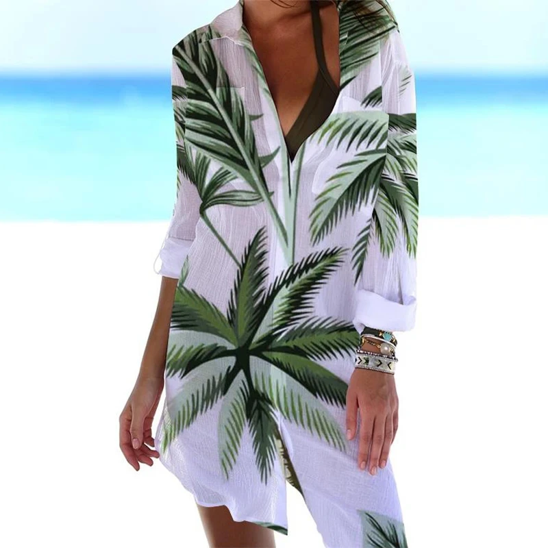 Summer New 2024 3D Coconut Tree Print Shirt Dress Beach Sexy Shirt Coat Shirt Long sleeve Women's Tank Top Dress