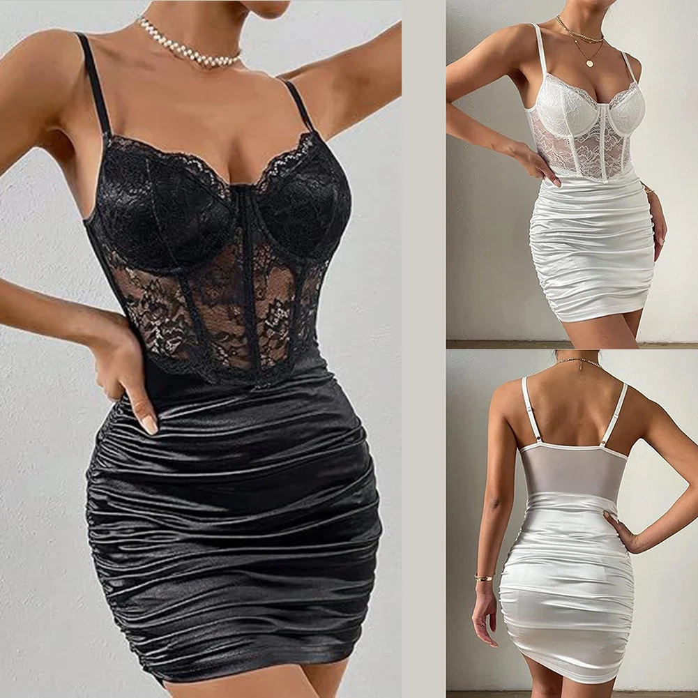 Woman Sleeveless Dress Lace Pleated Flower Pattern Hip Wrap Sexy Lingerie Sets See Through Suspender Dress