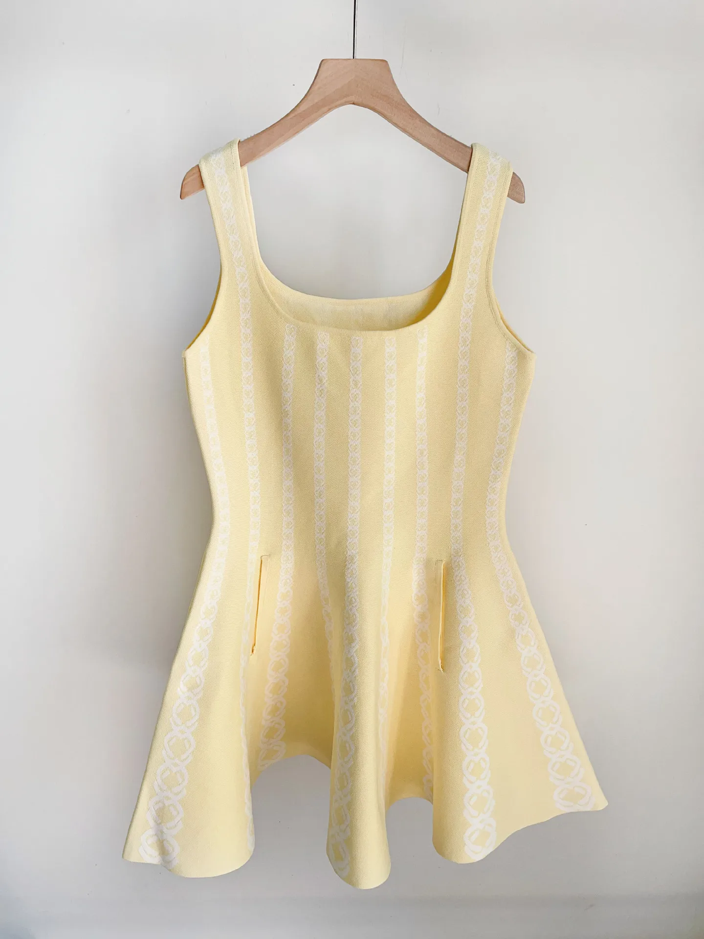 

2026 New Yellow Knit Square Neck Flare Mini Dress and Short Sleeve Cardigan Two Piece Set for Women