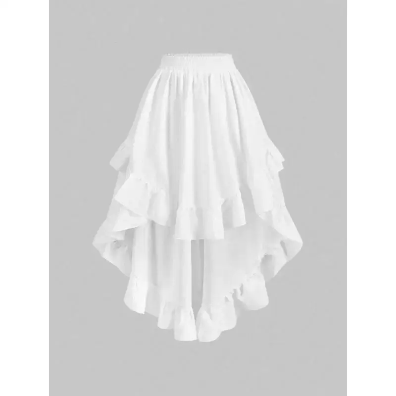 Ruffle Hem Skirt Half-length Midi Skirt Floral Print Denim Fabric Batwing Shape Mid-waist Design Other Style Details