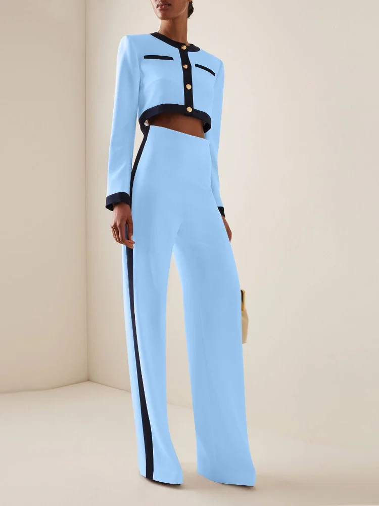 Fashion Two Piece Set Women Round Neck Long Sleeve Patchwork Singe Breasted Button Top Loose Wide Legs Pants Casual Sets Autumn