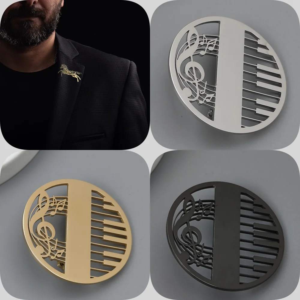 

Original design piano music symbol stainless steel brooch, black and silver suit pin, formal outfit, husband gift