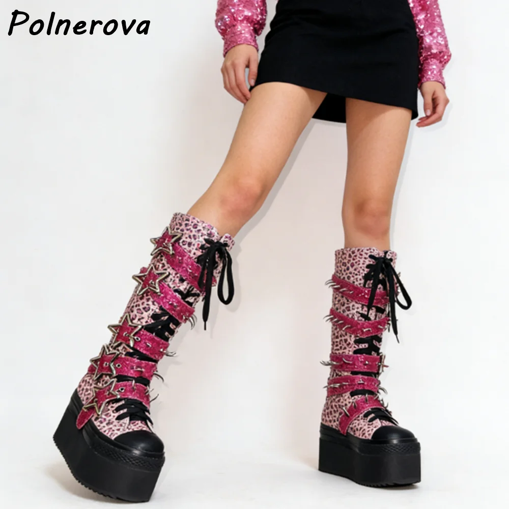 Pink Leopard Bling Boots Rivet Five-Pointed Star Buckle Belts Round Toe Platform Cross Tied Shoes Women's Winter Fashion Shoes