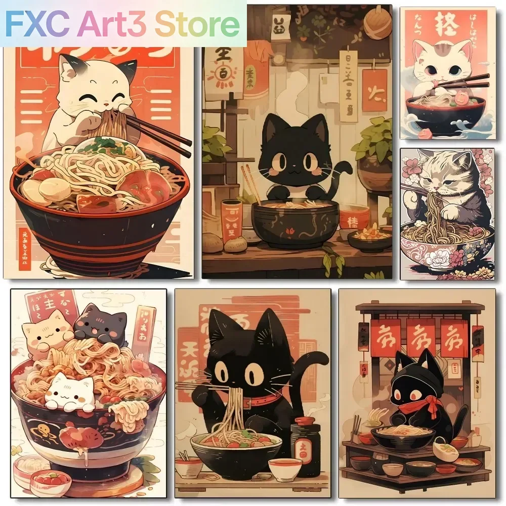 Póster sin marco, estilo Kawaii japonés, con diseño de gato y ramen, en alta definición, para decoración del hogar, habitación, bar o cafetería.