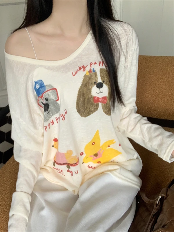 Cherry Blossom Long Sleeve Loose Casual U-Neck Top Women's T-Shirt Cute Print Comfortable Fabric Autumn Fashion Sensation