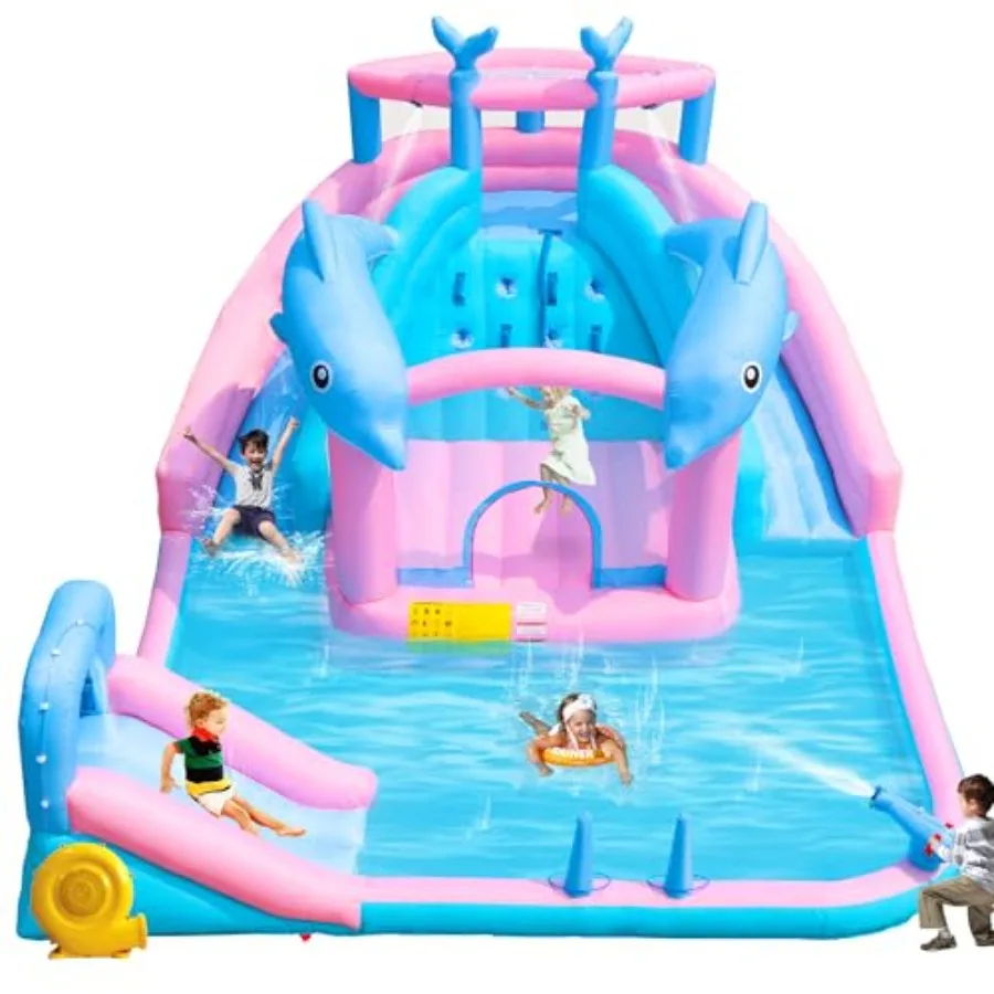 

Backyard inflatable water slide dolphin bounce house for kids 3-12: PVC blue/yellow includes blower splash pool climbing wall w