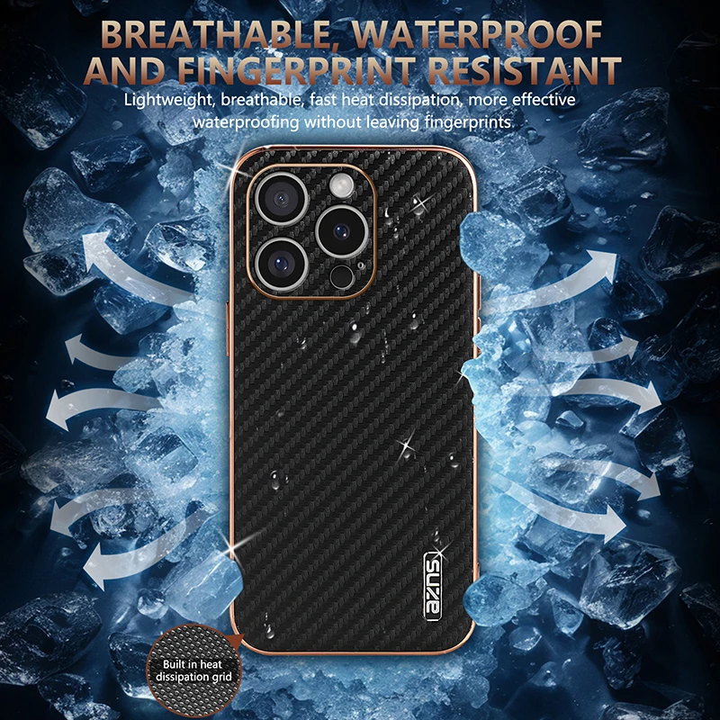 for iPhone 16 15 14 Pro Max Plus Case Carbon Fiber Texture PU Leather Soft Cover Plating Bumper All-round Camera Shell Fundas