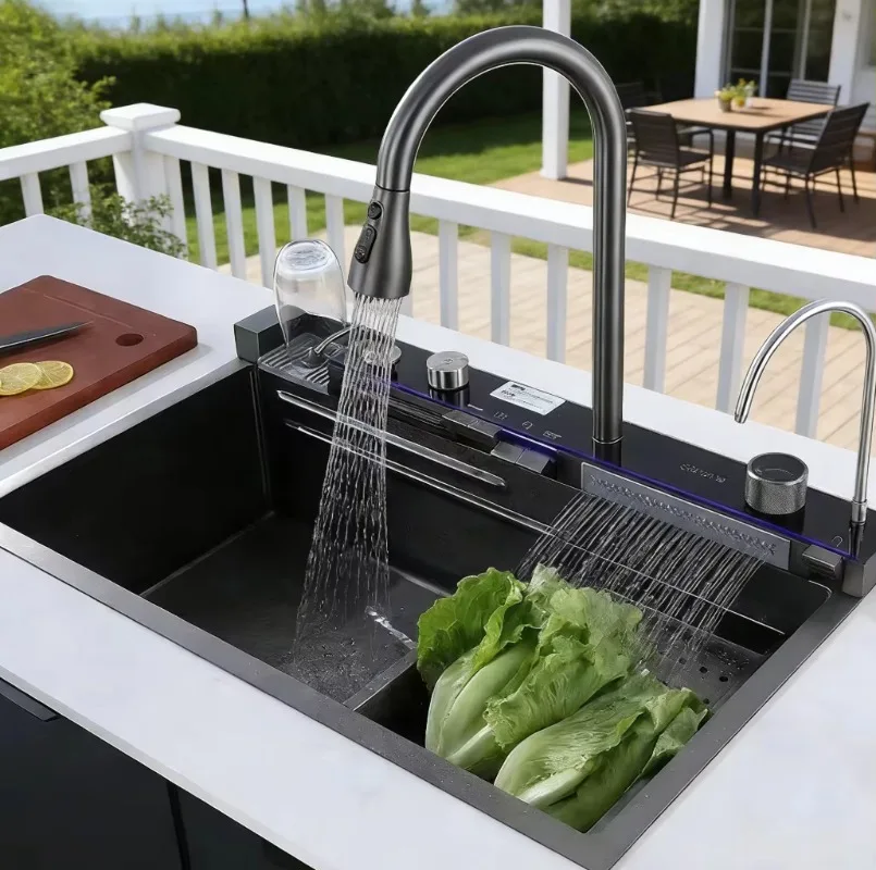 Intelligent single slot three-function environmentally friendly kitchen sink stainless steel dark gray nano step temper