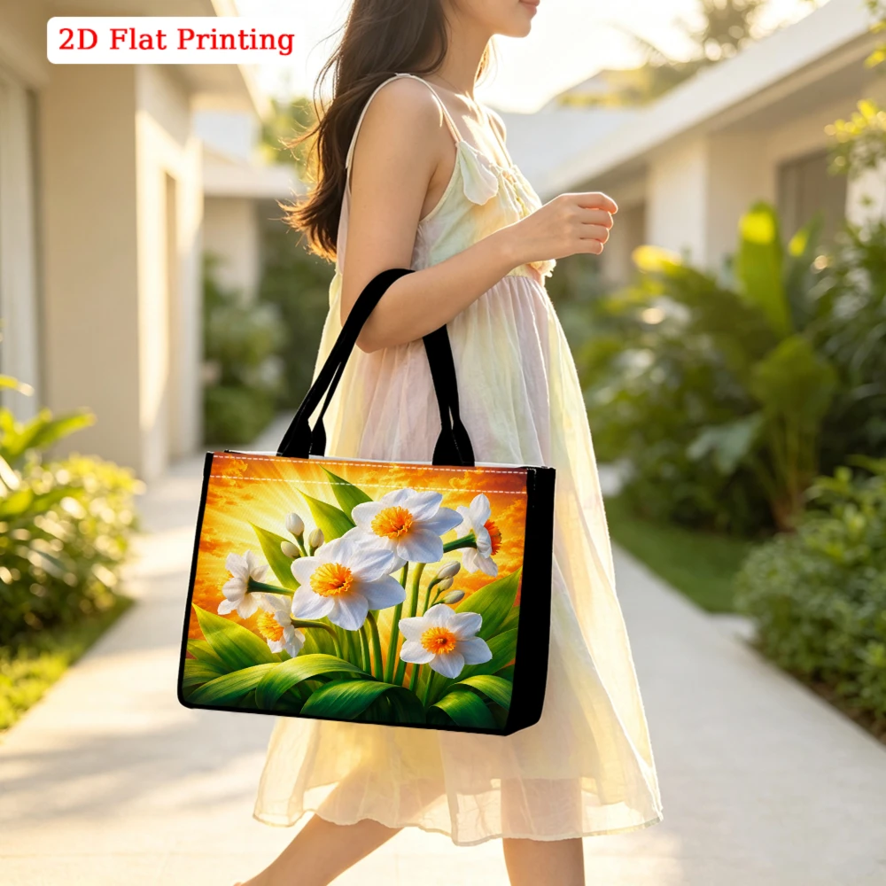 Women's Large Capacity Tote Bag White Daffodil Warm Golden Sunset Print, Spring Fresh Floral Style Handbag for Travel Daily Use