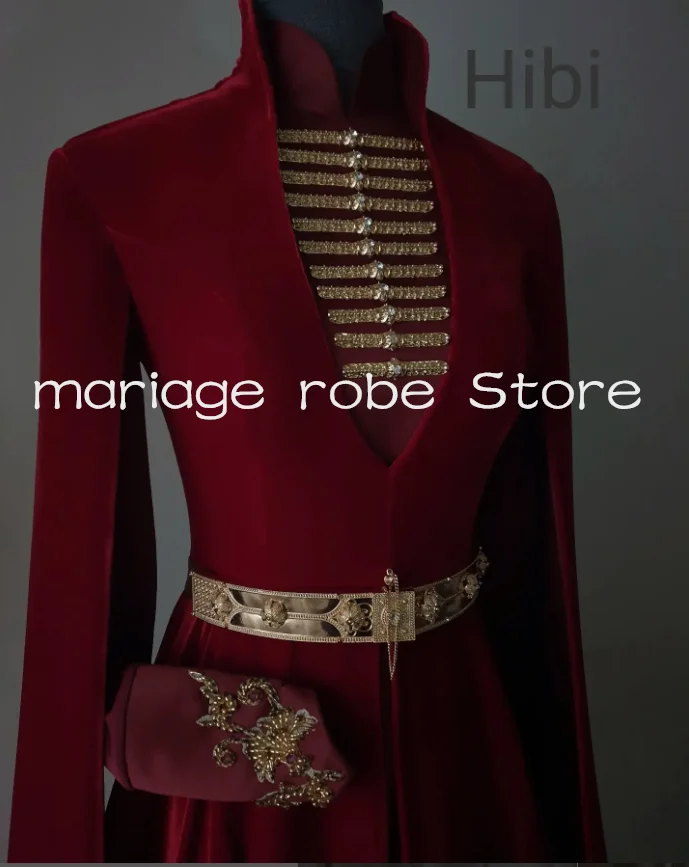 バーガンディベルベットイスラム教徒カフタンプロムドレスベルトケープ刺繍ギルターキルギス民族イブニングガウン衣装カスタムサイズ