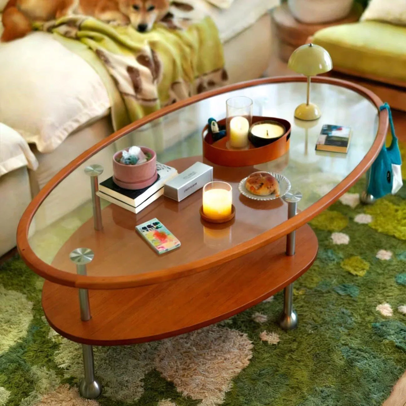 HYS medieval solid wood tempered glass coffee table combination oval double-layer small apartment living room short coffee table