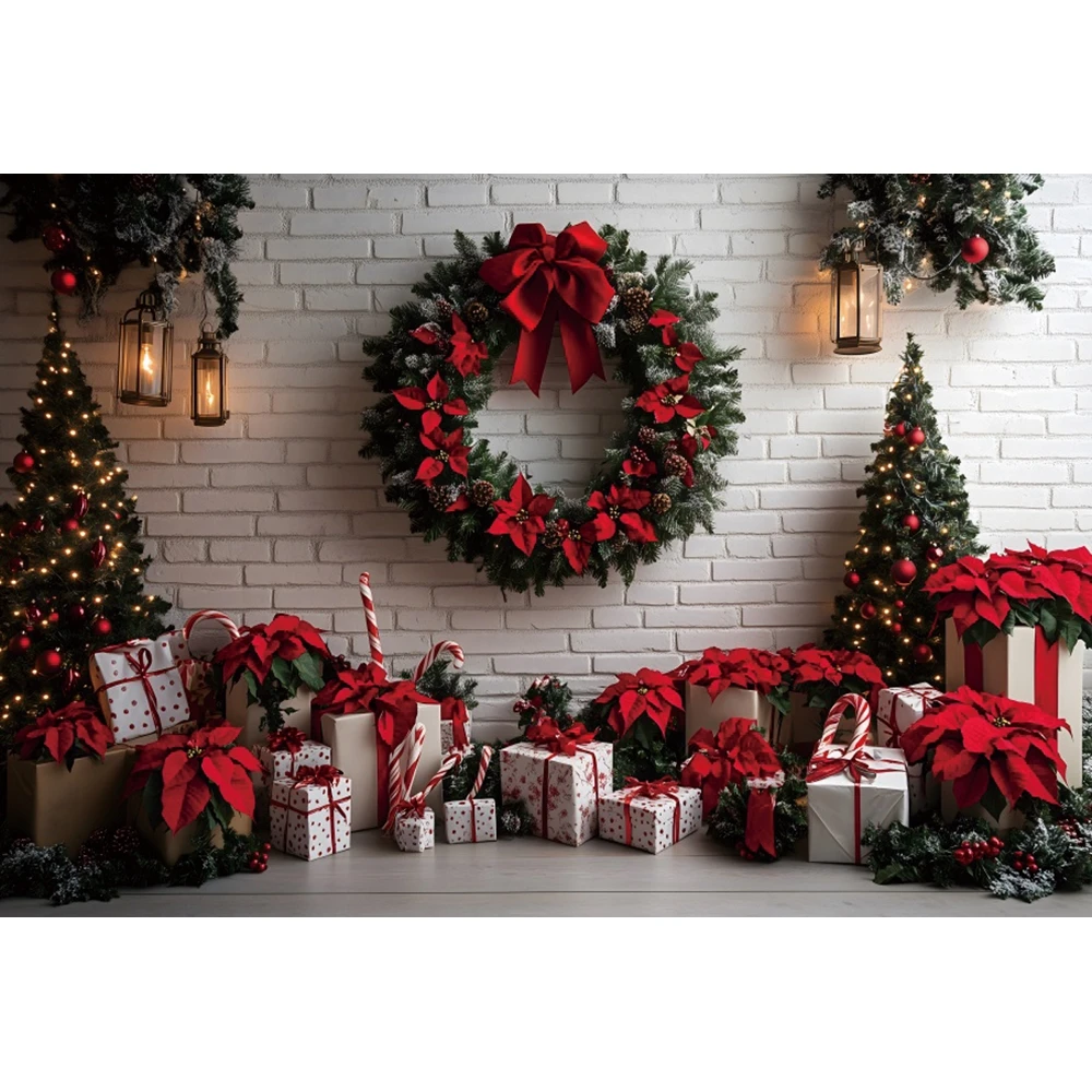 Christmas Party Photography Backdrops White Brick Wall XMAS Tree Gifts Adults Kids Portrait Family Party Photo Background Props