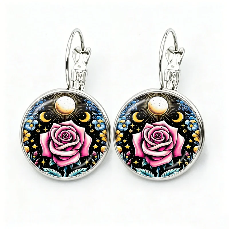 Tarot Card Flower Glass Cabochon Mystical Rose Peony Tulip French Hook Earrings Drop Earrings Jewelry Accessories Gifts