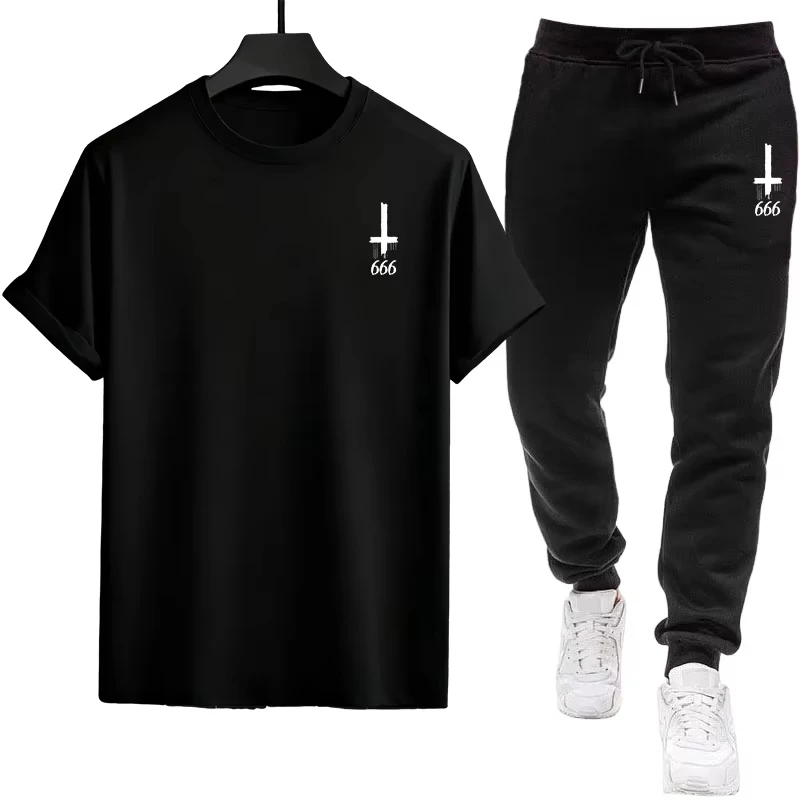 

2026new Men's Outfit Set Basic T-Shirt and Comfort Joggers Complete Casual Wear Satan 666 Symbol Inverted Cross T-Shirts Co-ords