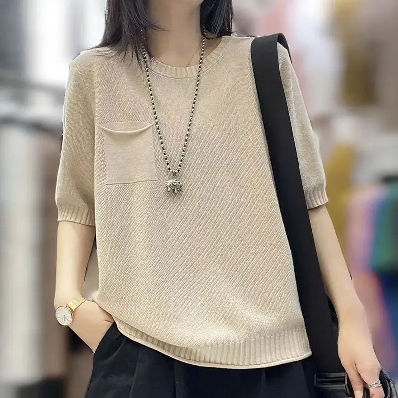 Women's Spring Autumn Round Neck Short Sleeve Knit Shirt Fashion Versatile Pullover Loose Fitting Trendy Elegant Solid Chic Tops