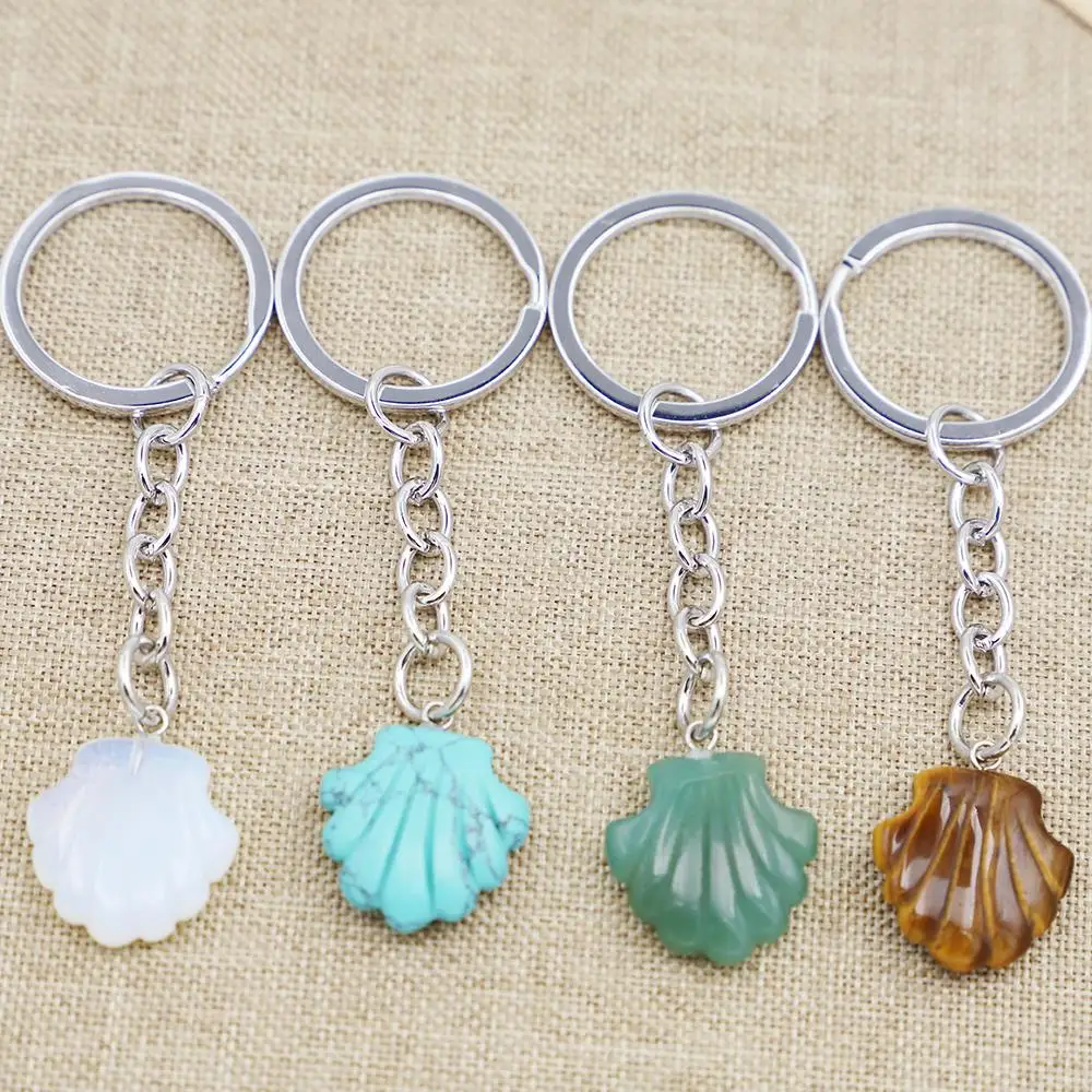 Creative Natural Stone Hand-carved Shell Keychain Irregular Pendant Keyring DIY Fashion Jewelry Gift Accessories Wholesale 4 Pcs