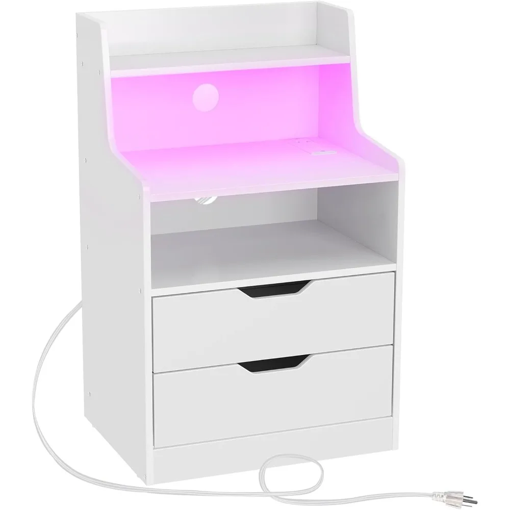 

Nightstand with Charging Station and LED Lights, 2 AC and USB Power Outlets, Night Stand with 2 Drawers and Storage Shelves