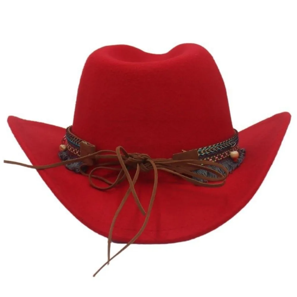 Vintage Woolen Western Cowboy Hat with Tassels Big-edge Cowgirl Jazz Hat Ethnic Style Colorful Top Hat Knight Hats