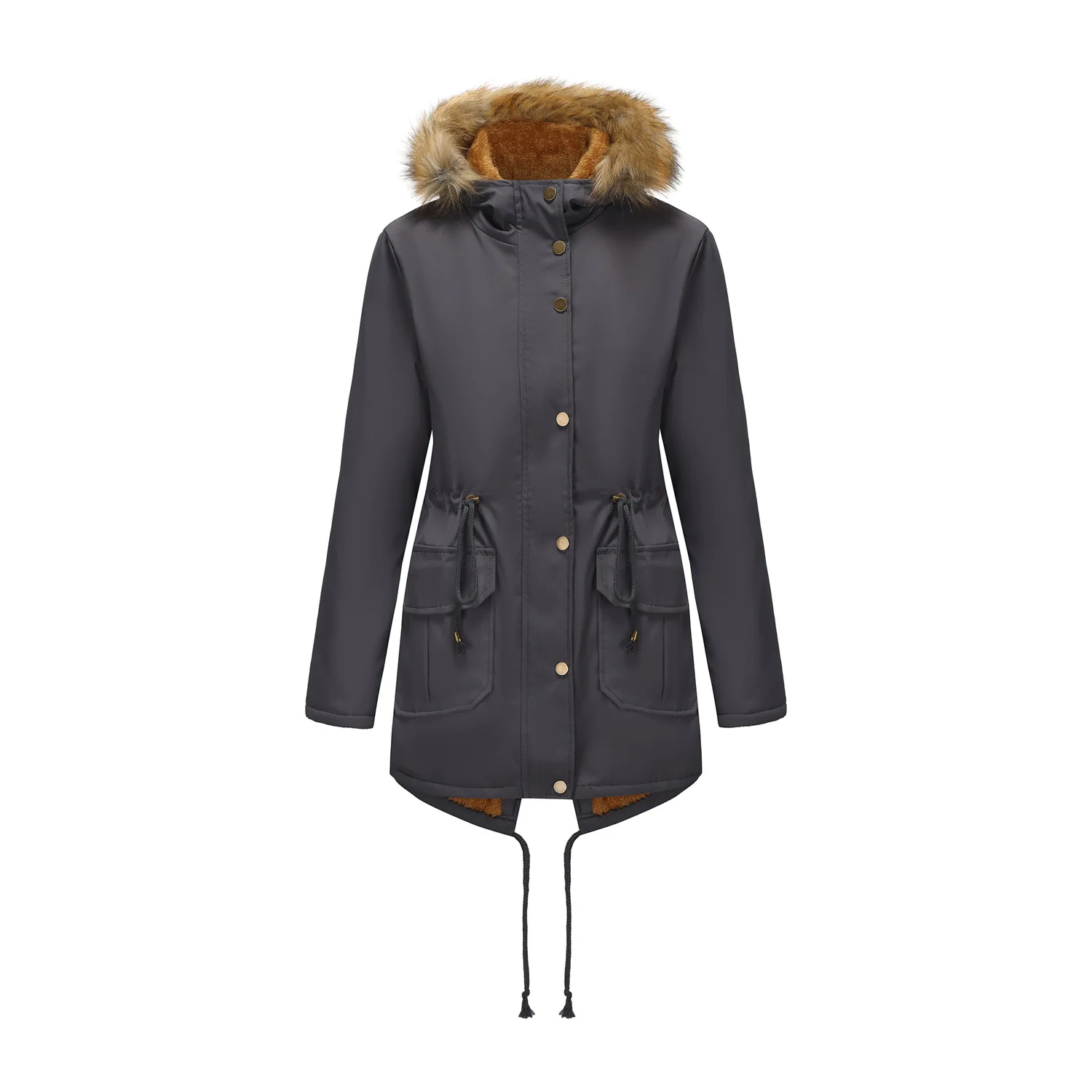 Women's Thickened Cotton-Padded European-Sized Coat Autumn Winter Fleece Lined with Cap Fur Collar Cinched Waist
