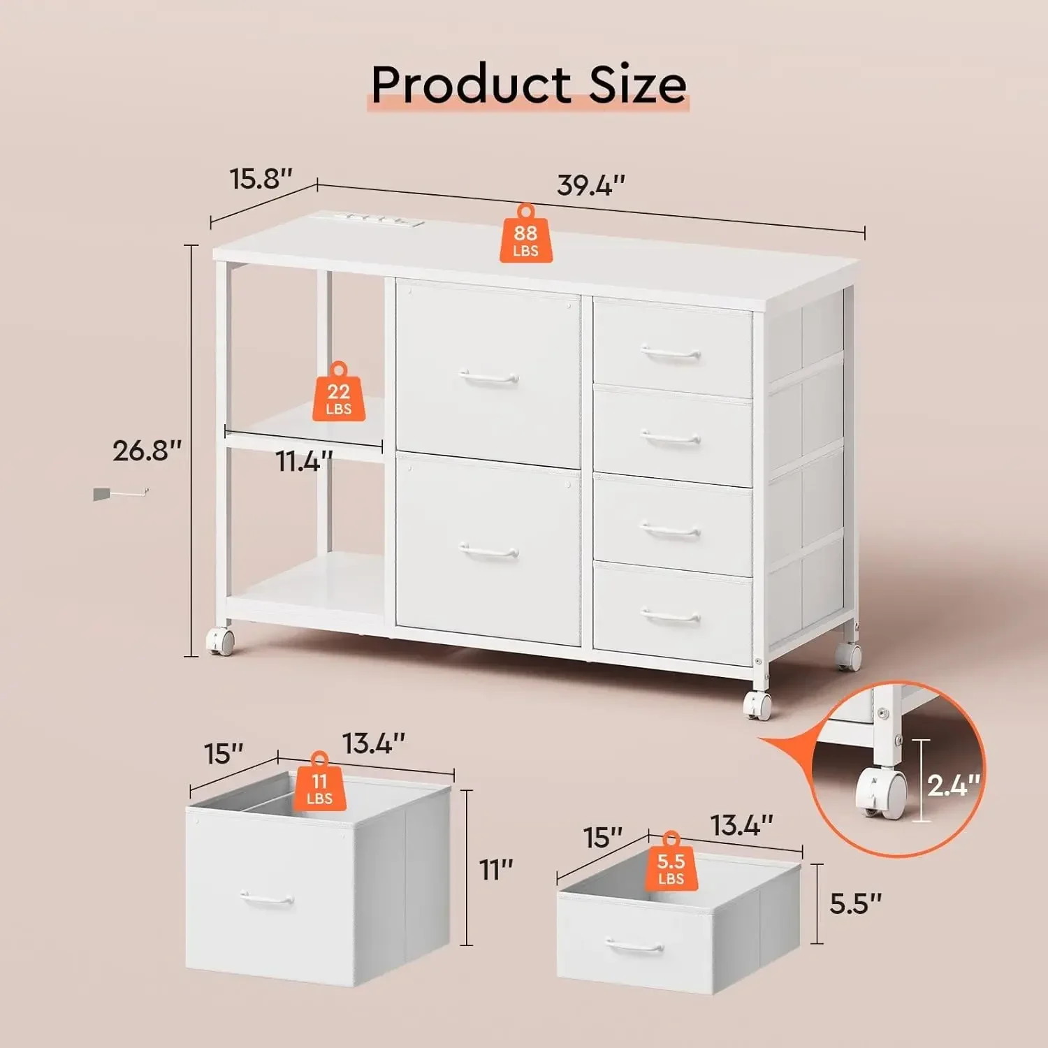 Rolling Printer Stand With Charging Station Six Drawer Lateral Filing Cabinet Open Storage Shelf Fabric Home Office White