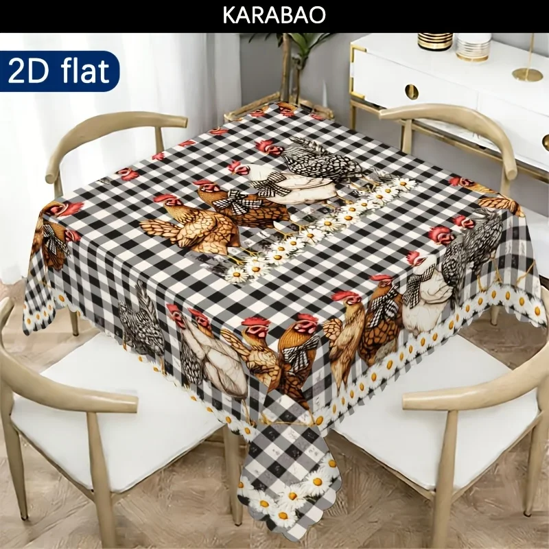 One piece of rural-style chicken flock pattern tablecloth, with a black and white checkered design,yzb.