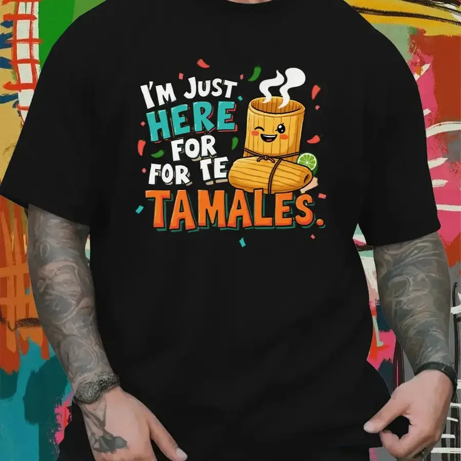 Funny Mexican Food T-Shirt - "I'm Just Here for the Tamales" Retro Tamale Print 100% Cotton Moisture-Wicking Short Sleeve Tee M