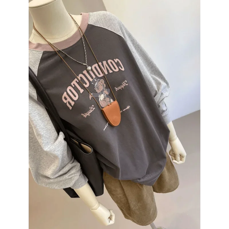 Loose Autumn and Winter New Pure Cotton Bottoming Top Retro Contrast Printed Long-sleeved T-shirt for Women