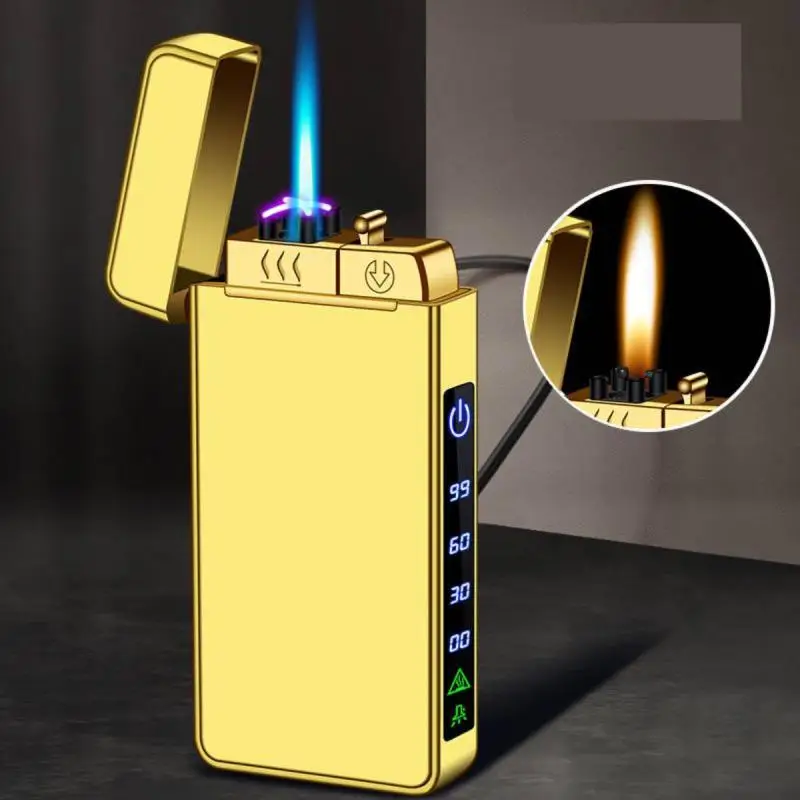 Smart Windproof Electric Metal Lighter Flameless Plasma Lighter Double Arc Usb Rechargeable Led Power Display Touch HOT YELLOW