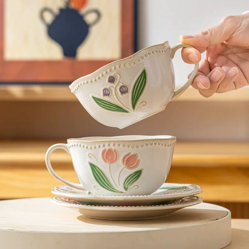 Retro Glaze Transformation Relief Flower Underglaze Color Ceramic Coffee Cup and Saucer Household Breakfast Cup Tea/Water Cup
