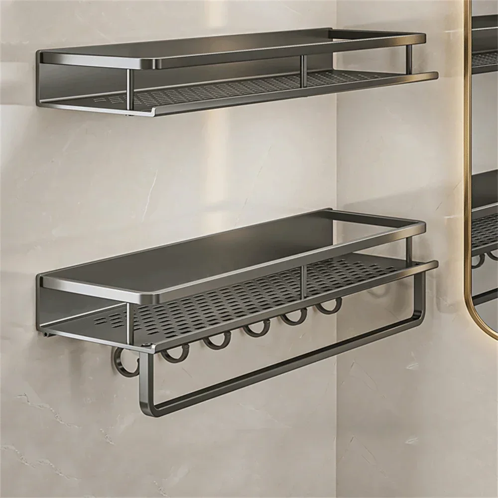 Stainless Steel Shelf Bathroom Storage Towel Bar Toilet Paper Organizer Shampoo Shower Supplies No Drill Hole Required