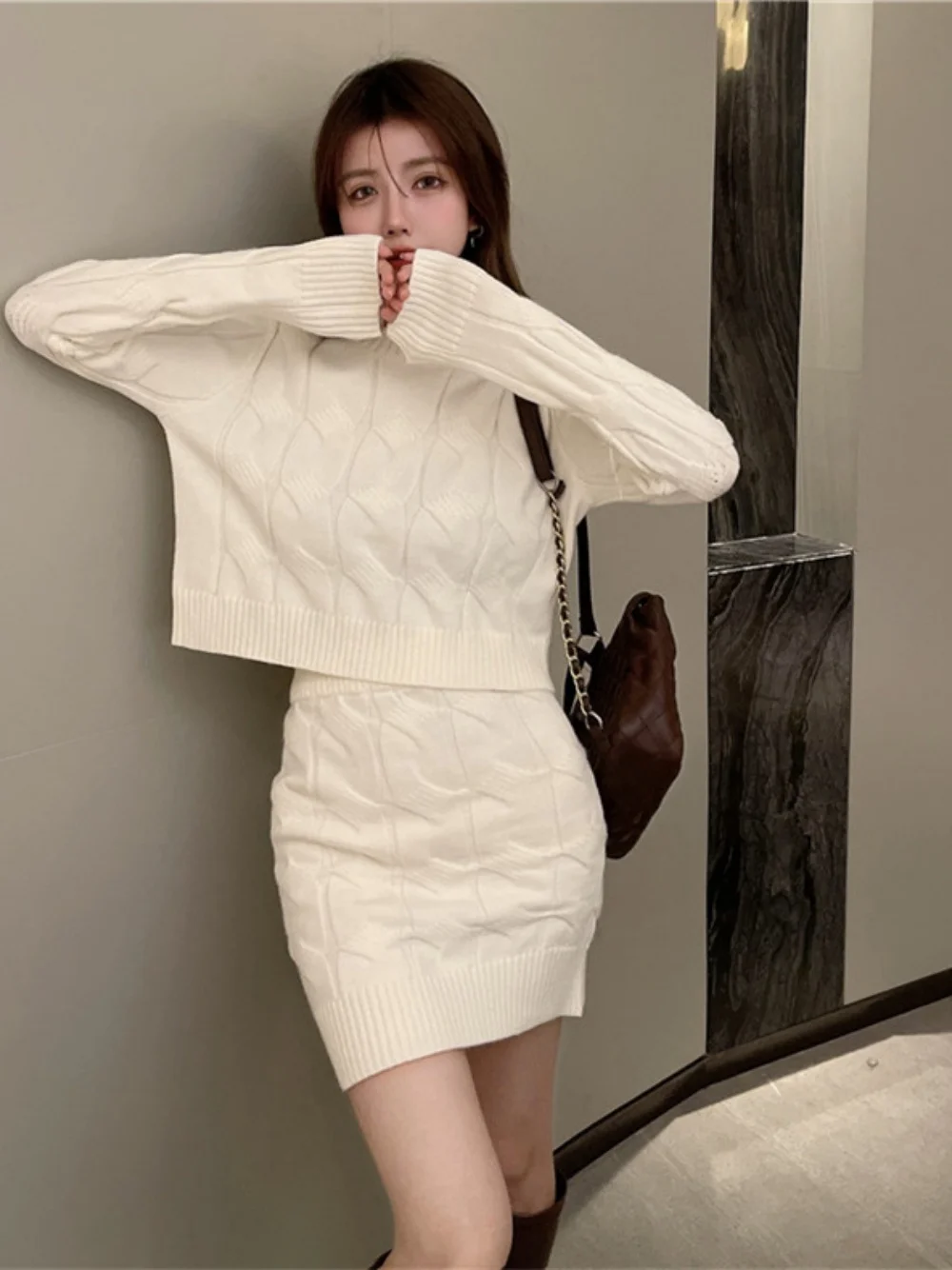 Autumn Women's Suit Long Sleeve Round Neck Short Jacket And Hip Skirt Suit Fashion Slim Lady Two-Piece Set