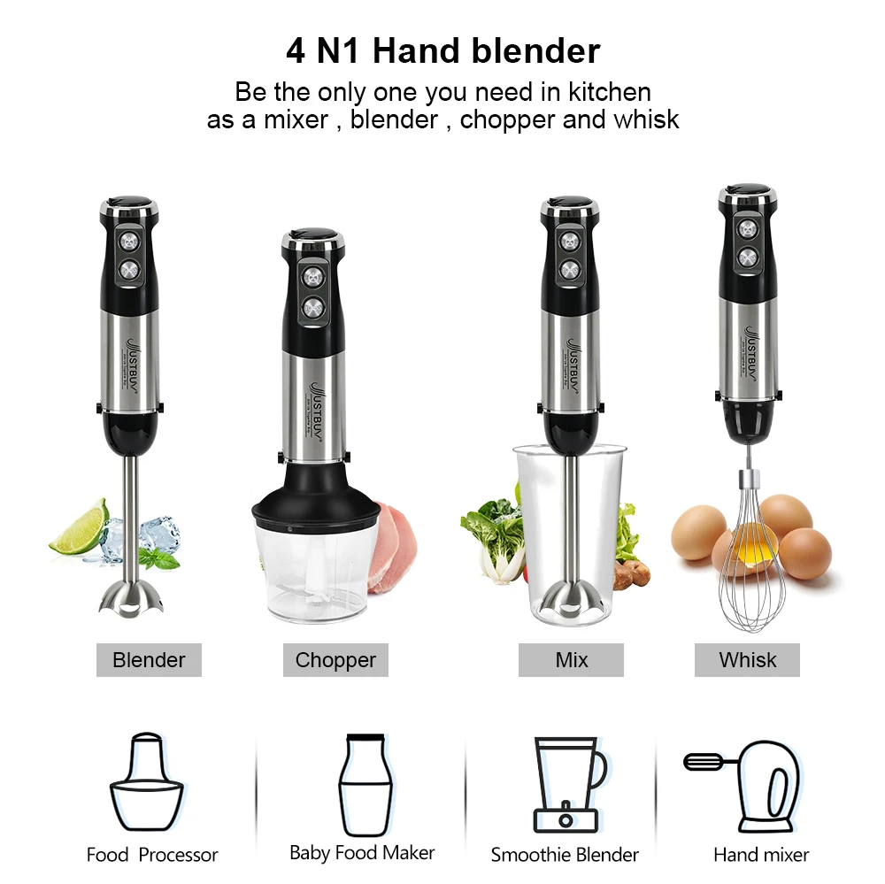 4-in-1 elektrischer Stab, handgewerblicher Mixer, Küchenmaschine, Schneebesen, Mixer, Entsafter, Fleischwolf – Detail 3