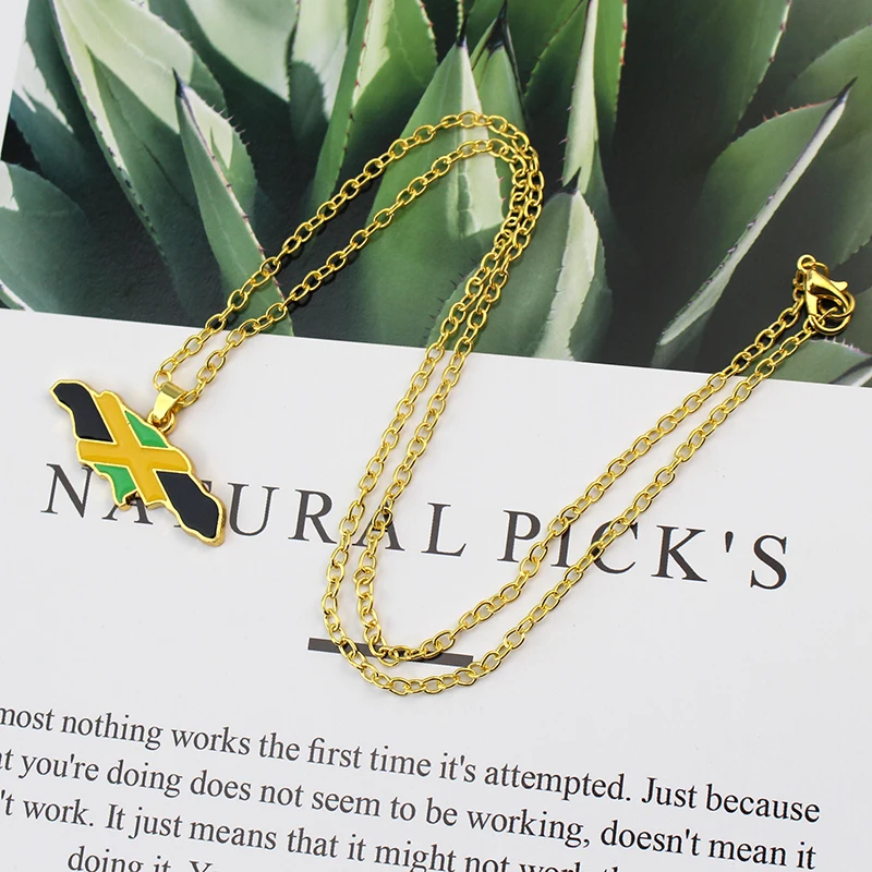 Jamaica Map and National Flag Pendant Necklaces Gold Color Jewelry Jamaican Maps Accessories