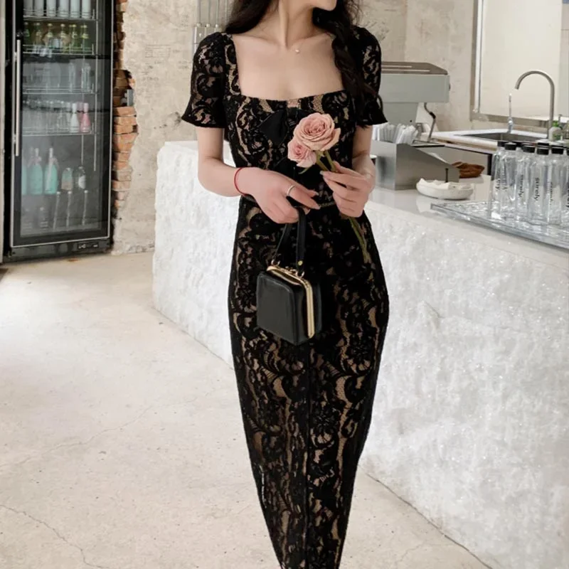 

Black Lace Women Dress Bodycon Elegant Bow Square Collar Vintage Clothing Hook Flower Hollow Streetwear Luxury Design Vestido