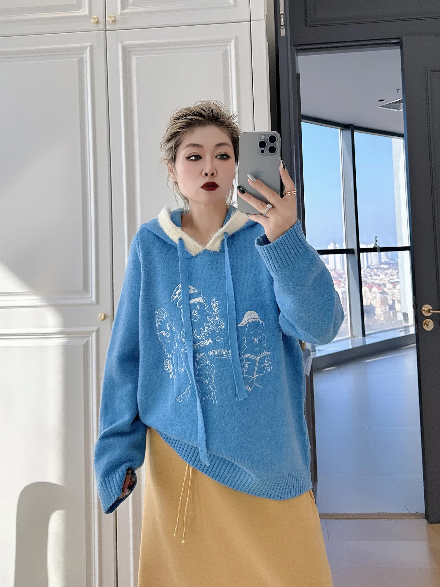 

Свитер Laid-ba с капюшоном, повседневный, вязаный, больших размеров, женский, свободный, в корейском стиле, для полных женщин (200 фунтов), мягкий, вязаный топ