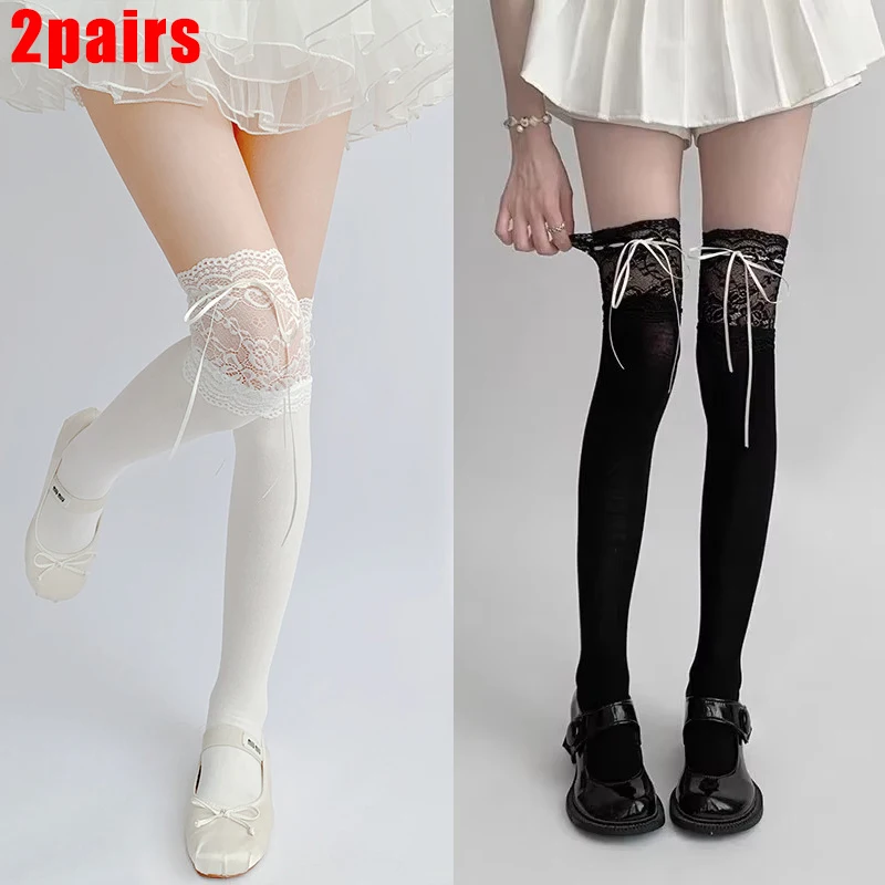 2/1 Paar weiße Spitzen-Overknee-Socken mit Schleifenband aus Samt, Lolita-Stil, süße Wadensocken, Damen-Kniestrümpfe, Kawaii-Oberschenkelstrümpfe