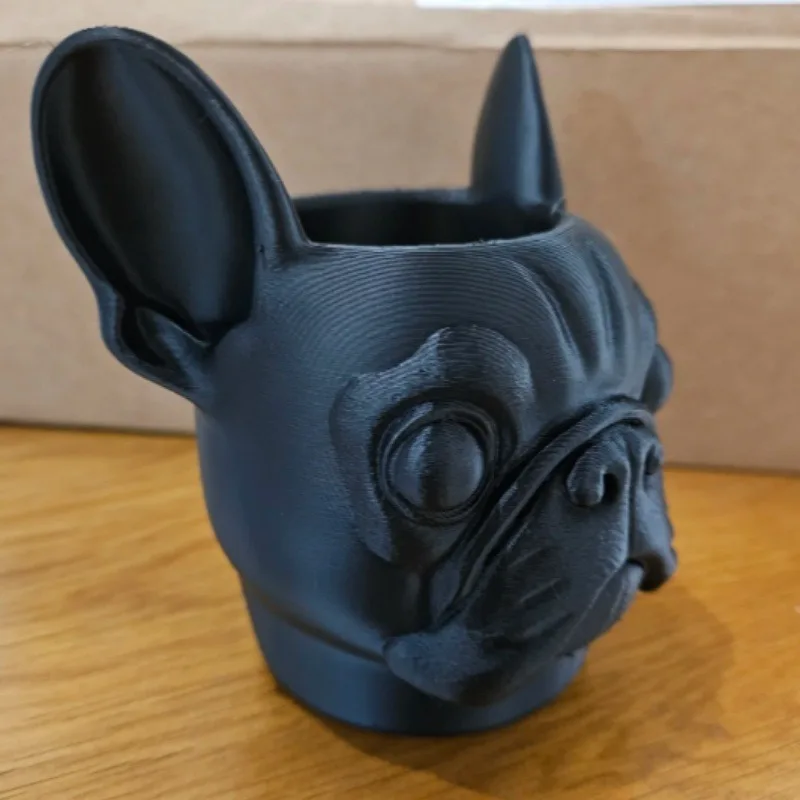 French Bulldog Statues Modern Black Dog Head Shaped Makeup Brush Pot Desktop Stationary Organizer for Office Home Table