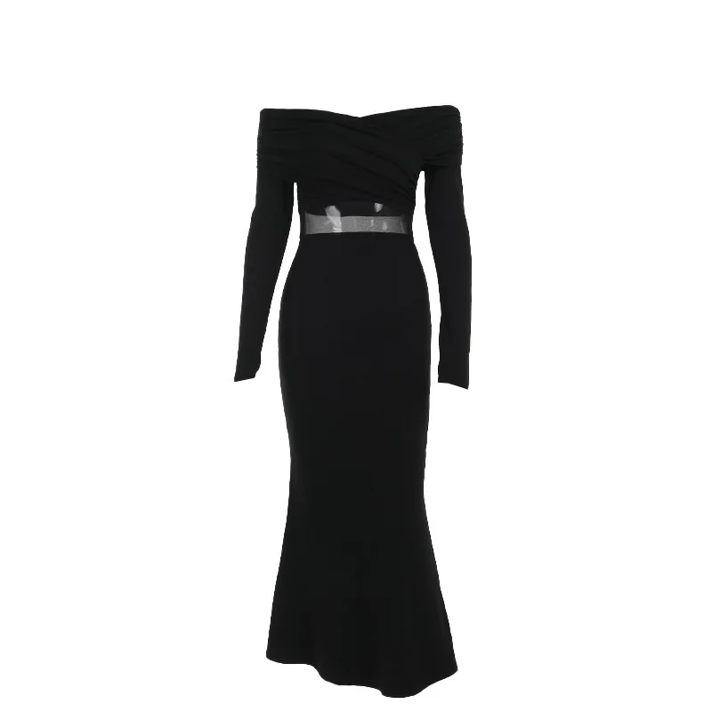 Gonna a sirena aderente nera trasparente con scollo a barchetta incrociata vintage Abiti maxi autunnali da donna delicati con giunture slim fit sexy