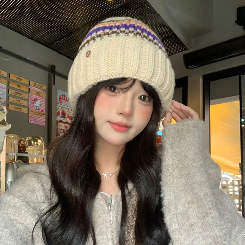 New Striped Pullover Hat Autumn And Winter Outdoor Knitted Hat Cold Resistant And Warm Niche Color Blocked Woolen Hat For Women