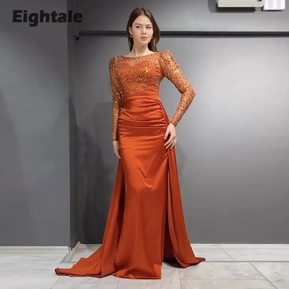 Eightale Sparkly Evening Dresses Orange Red Shiny Luxury Long Sleeves Satin Mermaid Party Prom Gown robe de soirée