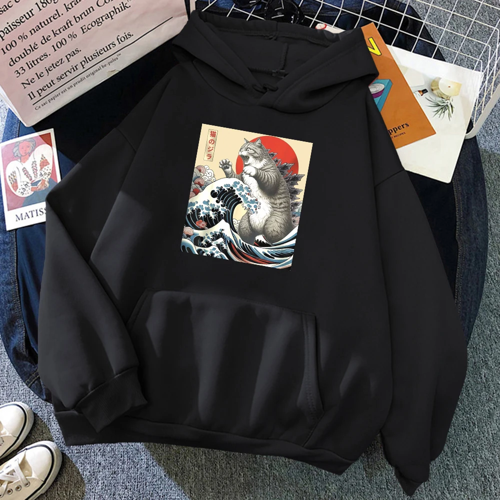 2025 catzilla gato arte japonesa engraçado gato feminino presente camiseta unisex algodão pulôver com capuz topo moda fitness esportes moletom