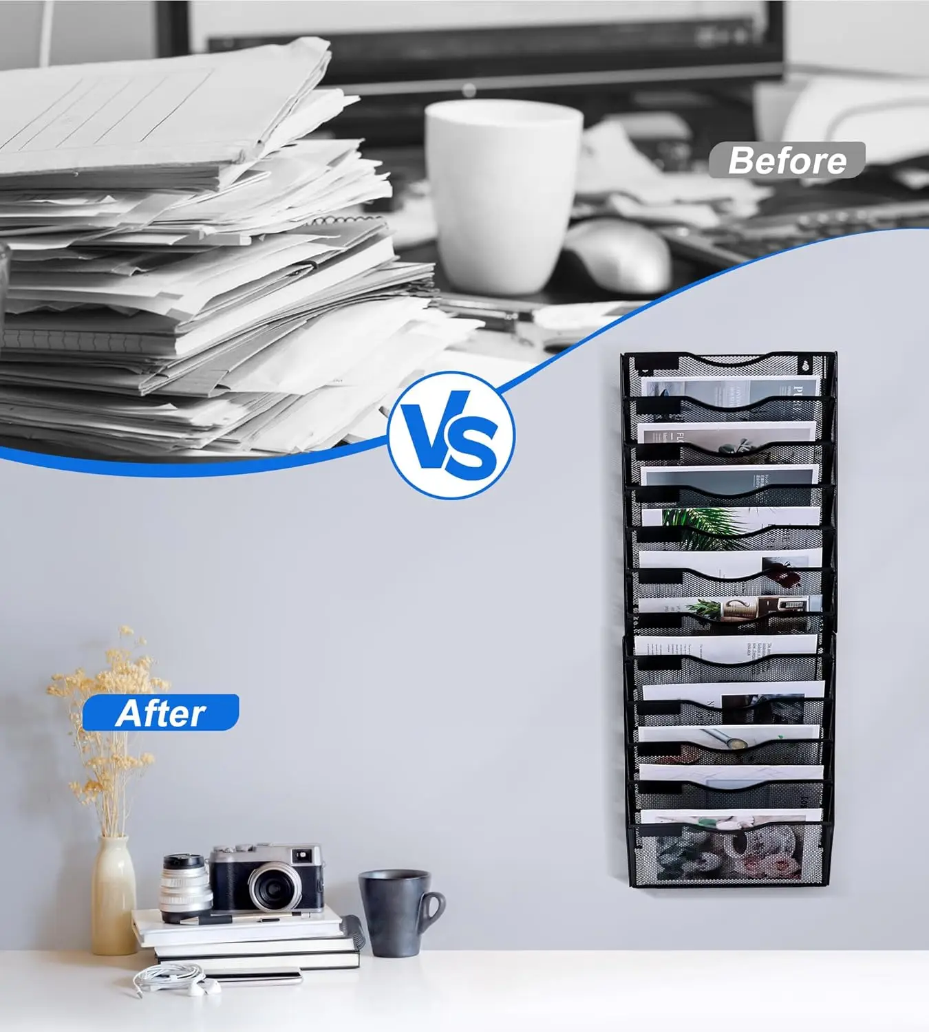 12 Pocket Wall File Holder Organizer, Black Mesh Storage for Office Documents Mail Magazine