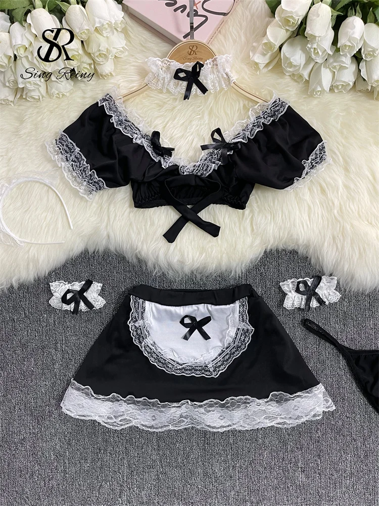 SINGREINY Ladies Amatory Maid Unform Sexy Suits V Neck Top+Short Skirt Lingerie Women Lace Spliced Cospaly Eroitc Skirt Suits