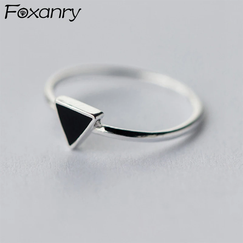 Foxanry Triangle Black Drop Glaze Rings For Women Couples Personality Simple Trendy Temperament Classic Birthday Jewelry Gifts