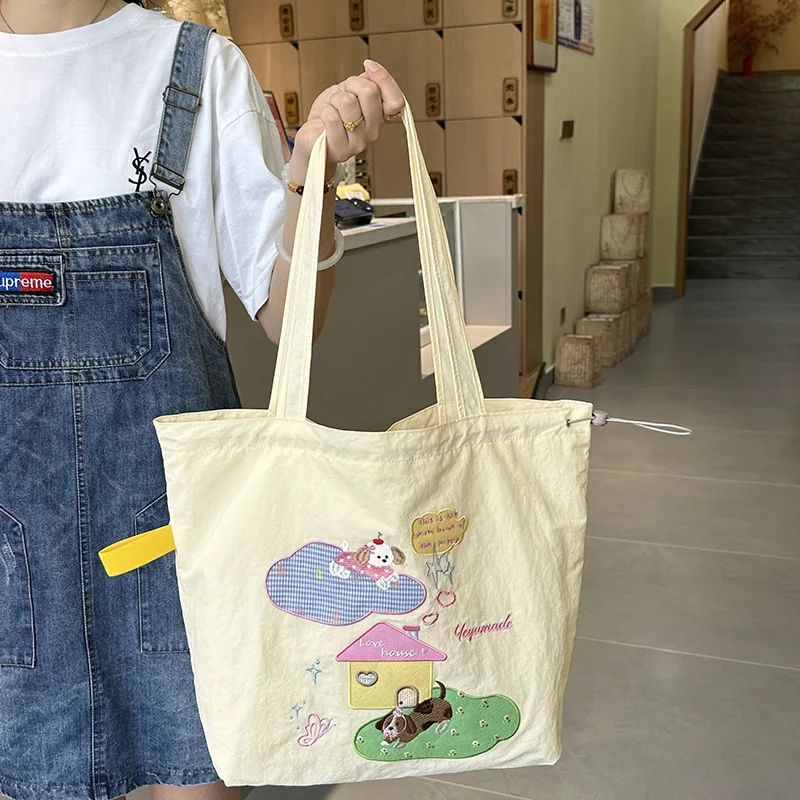 

Cartoon Patchwork Drawstring Shoulder Bags for Women Large Capacity Ladies Shopping Bag Tote Casual Commuter Female Handbags