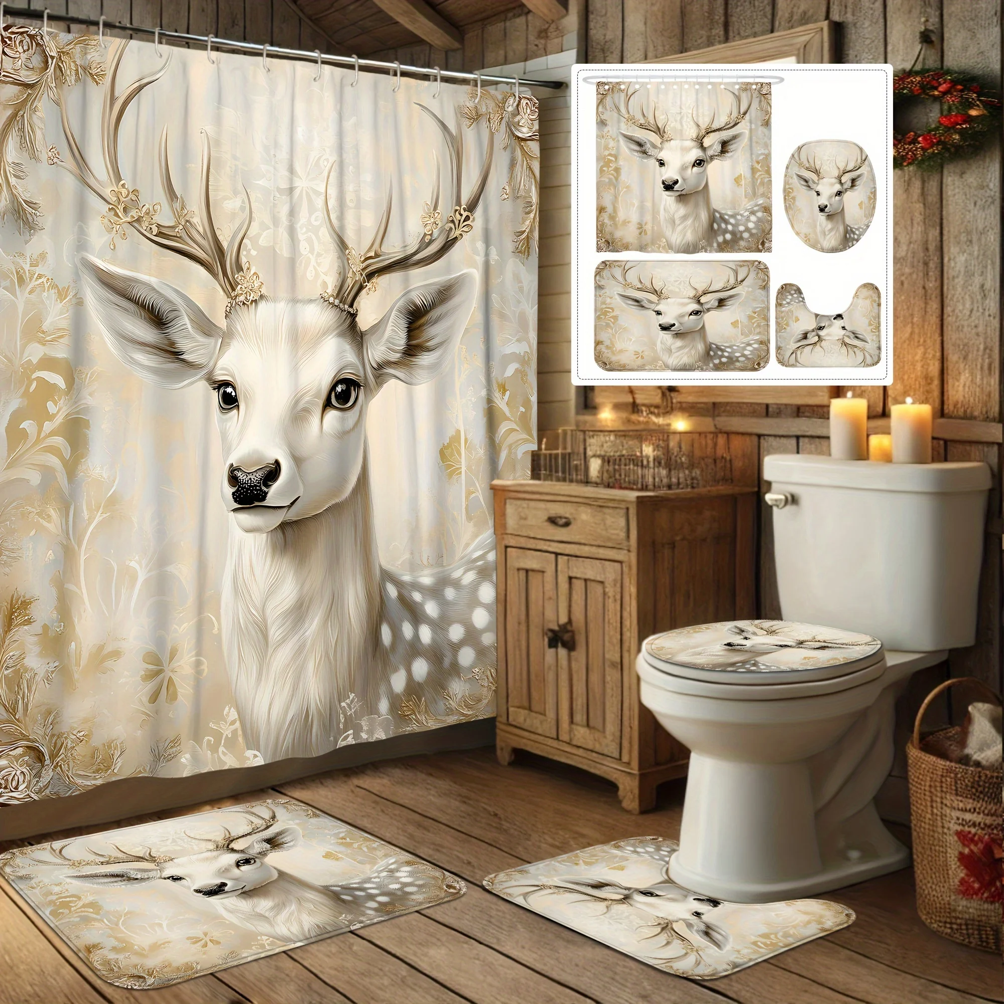 4Pcs Merry Xmas Shower Set – Gold Beige Deer, Luxe Holiday Decor, 12 Hooks, Non-Slip Mat, U-Cover, Christmas Gift